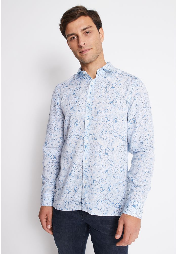 Camisa Manga Larga en Vestuario Tops Camisas Casual Estampado Celeste Perry Ellis Chile